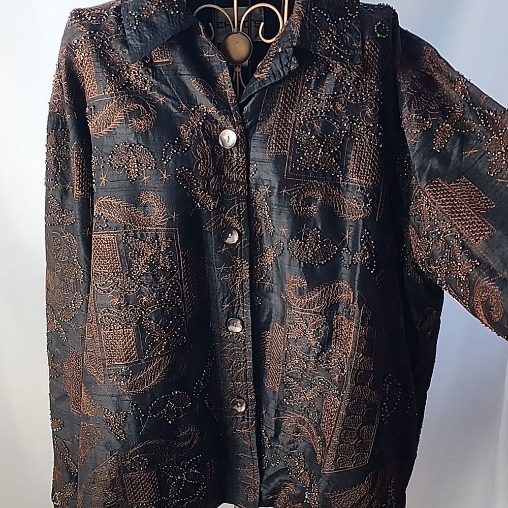 Silk Jacket Shirt Shacket Button Up Beaded Rust Embroidered Design Size 3 Chicos